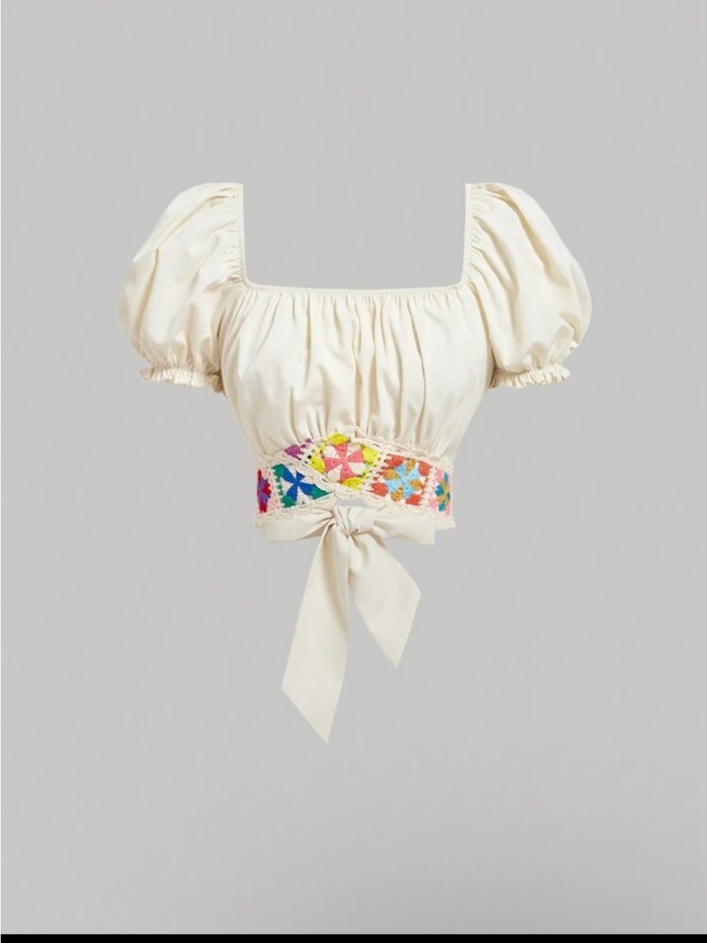 Cream Puff-Sleeve Crop Top with Colorful Crochet Trim